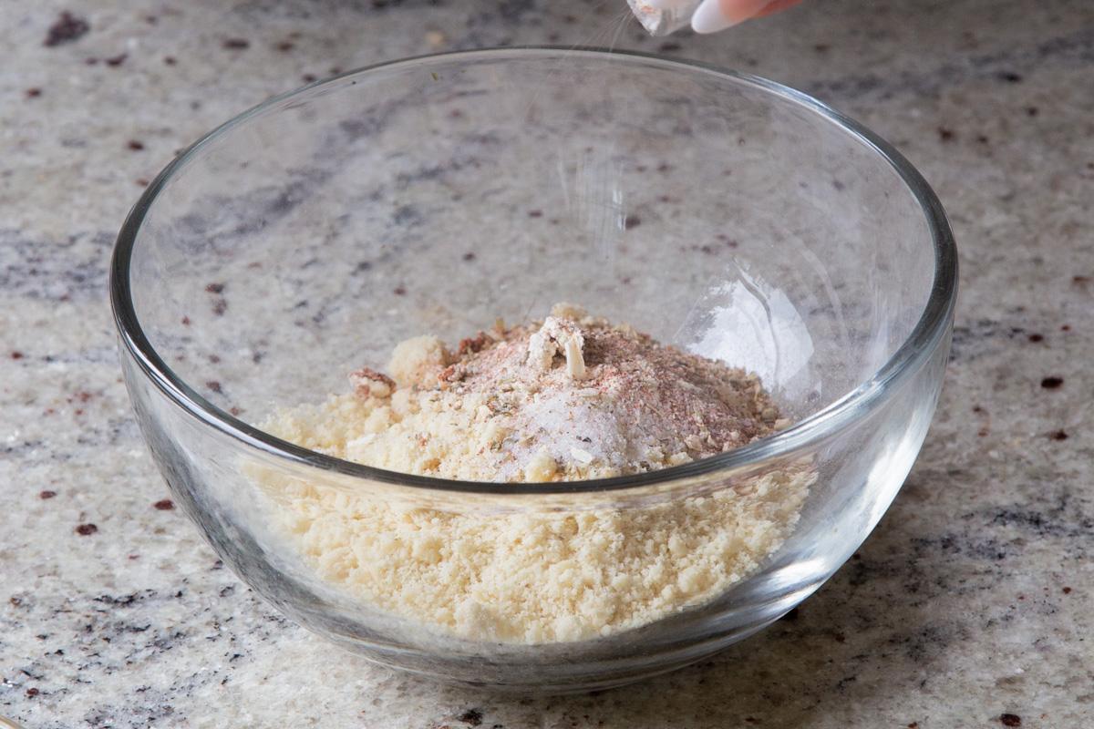 dry crouton ingredients in the mixing bowl before mixing