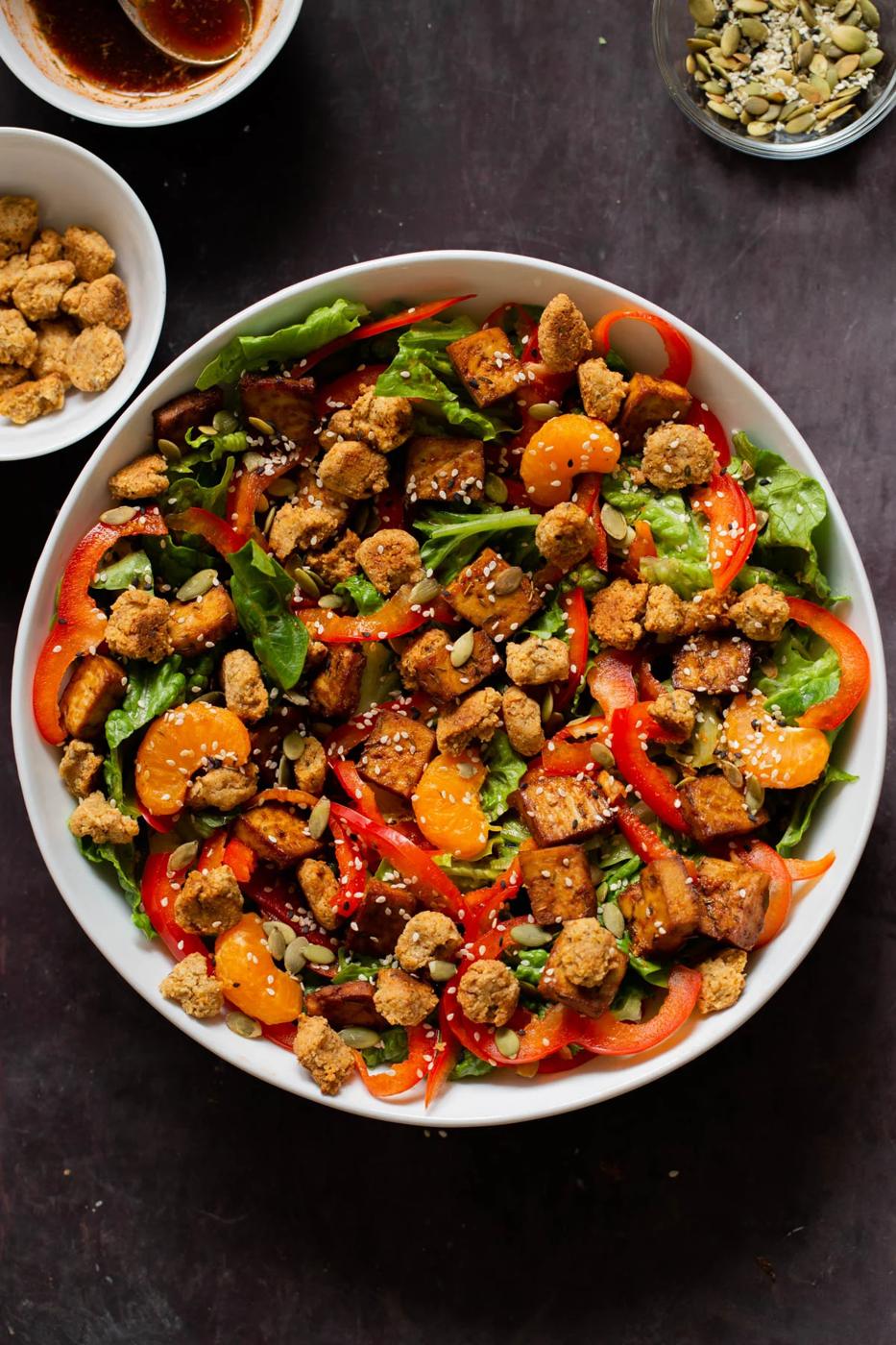 Vegan Summer Salad with Smoky Tofu and Almond Flour Croutons
