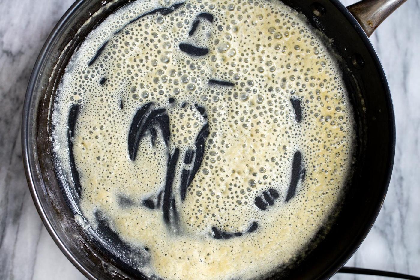 vegan roux in a black sauteeing pan