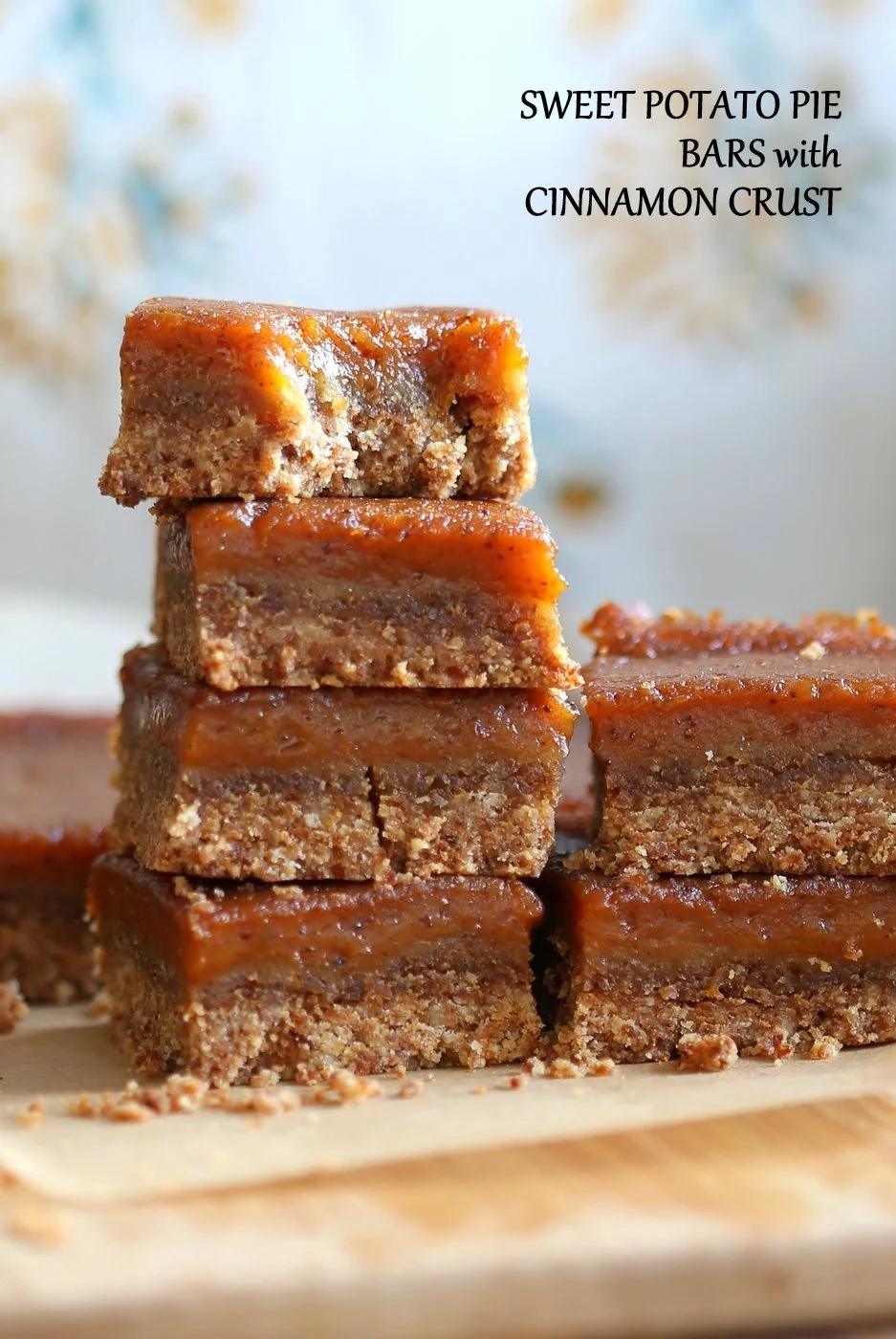 Vegan Sweet Potato Pie Bars. Spiced Sweet Potato Pie layered over cinnamony snickerdoodle crust. Make this into a pie for decadent holiday dessert . GF option | VeganRicha.com