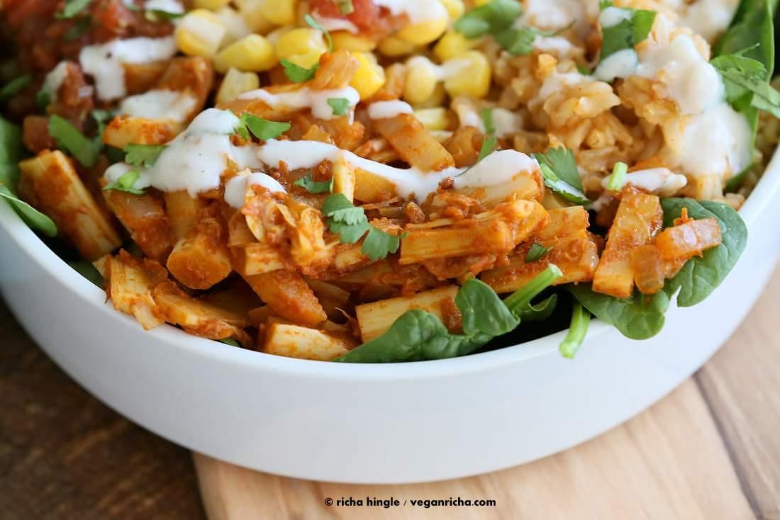 Vegan Tinga bowl with Hearts of Palm, Chickpeas, Spanish Rice | Pitzn