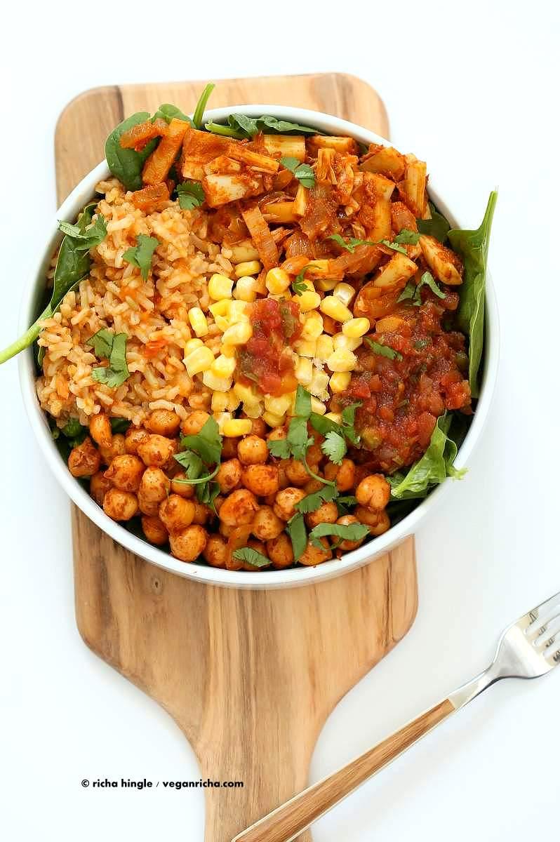 Vegan Tinga bowl with Hearts of Palm, Chickpeas, Spanish Rice