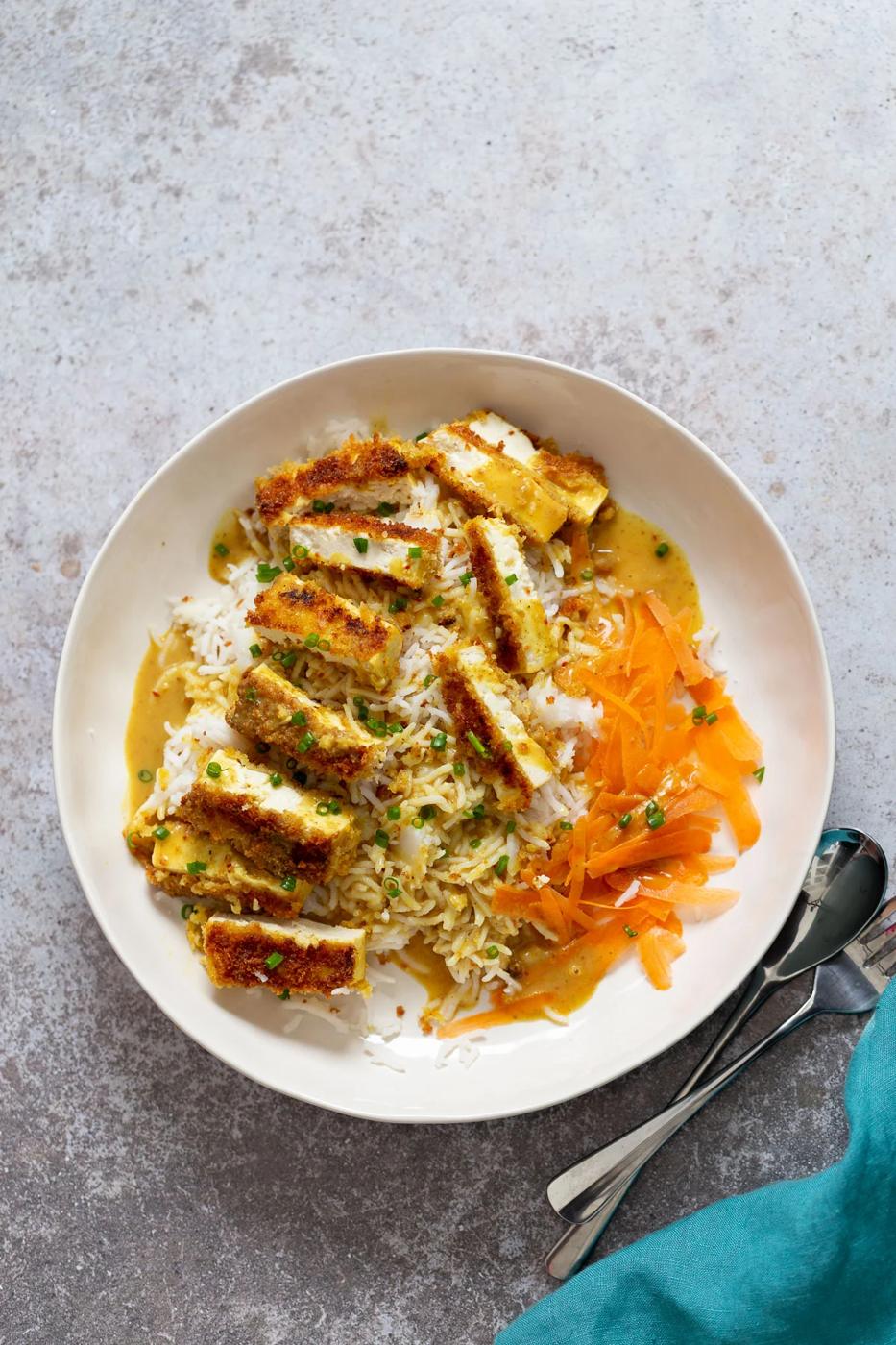 overhead shot of a bowl of vegan tofu katsu curry