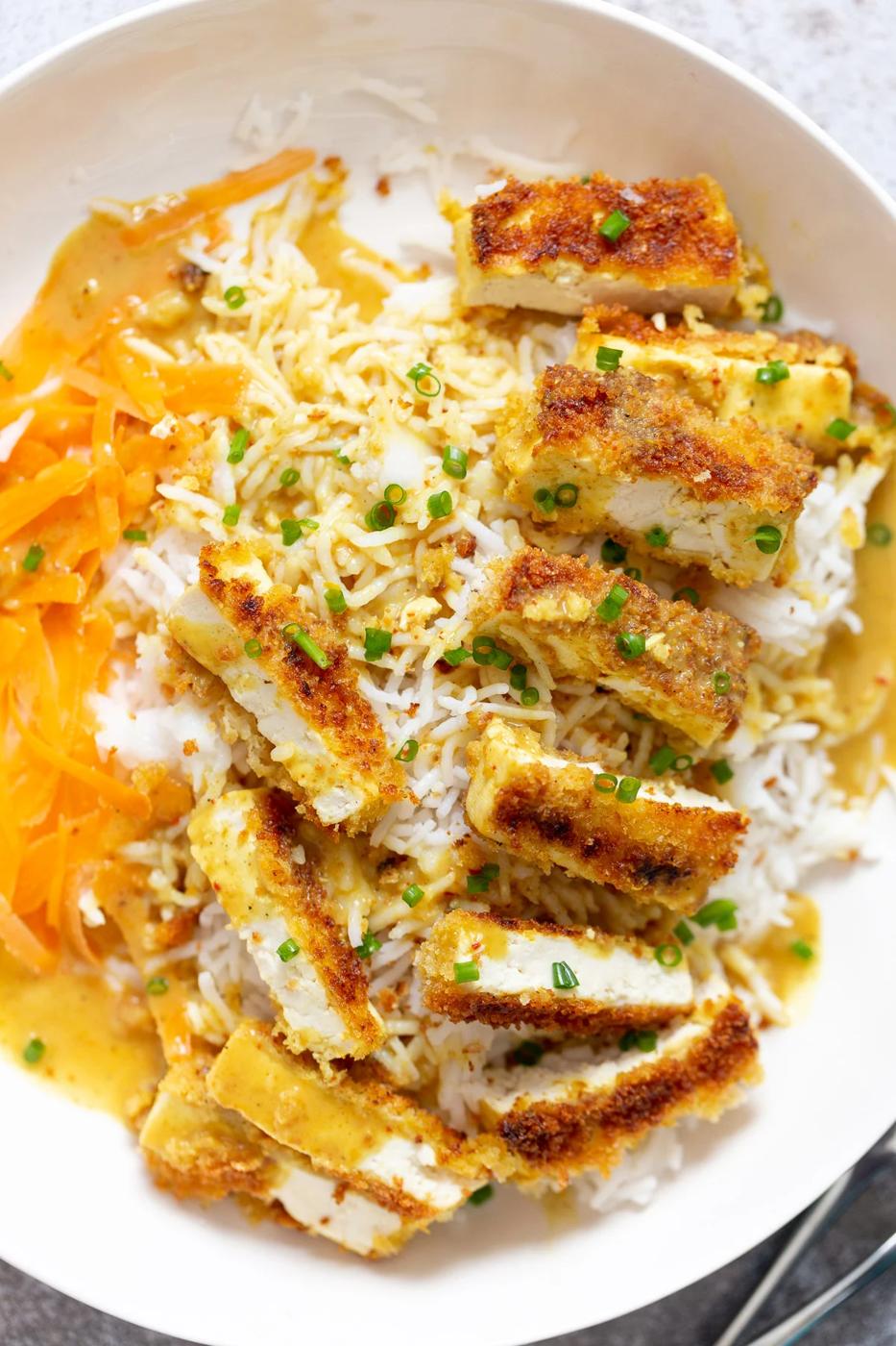 close-up overhead shot of vegan tofu katsu curry
