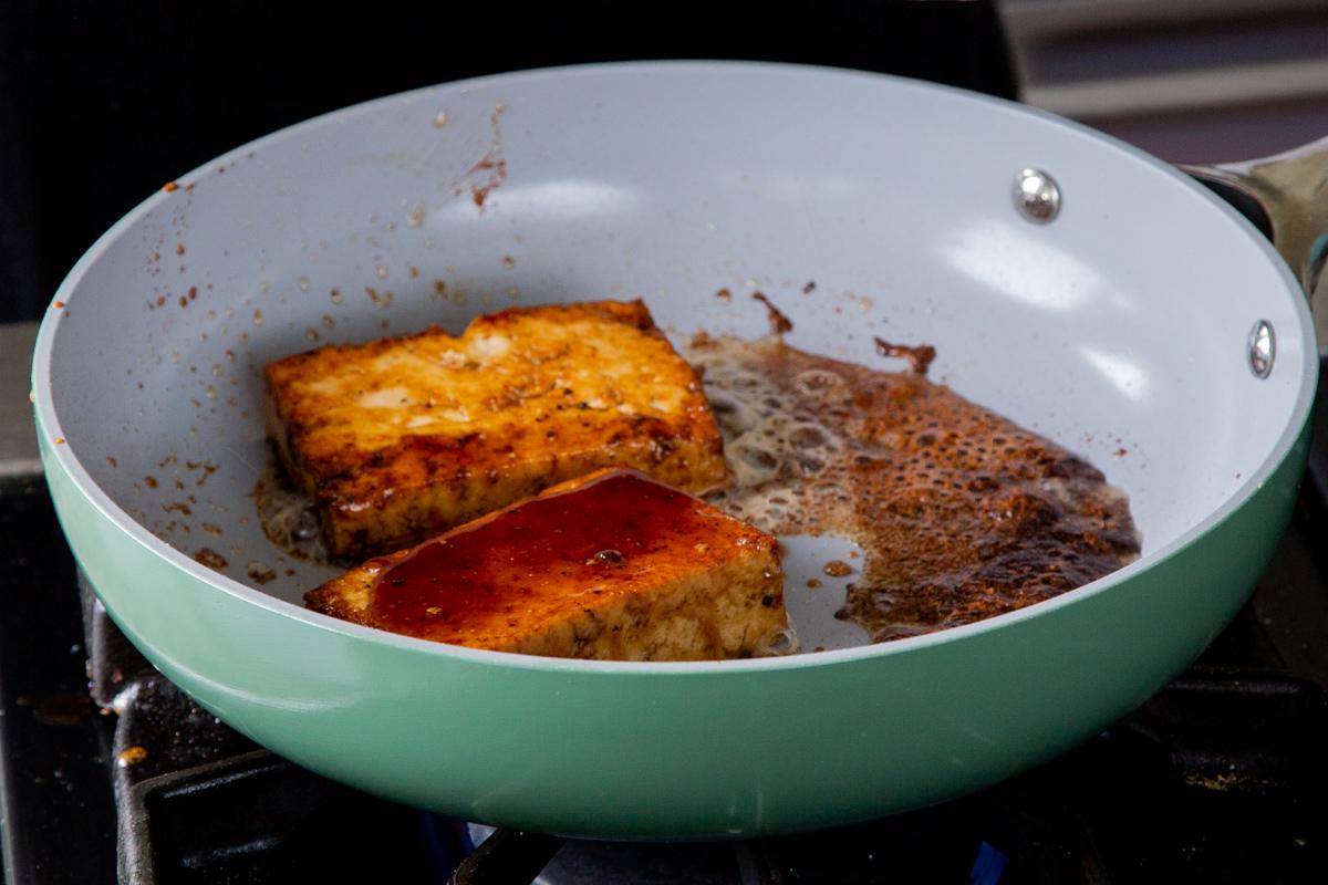 tofu slabs in the pan, after browning