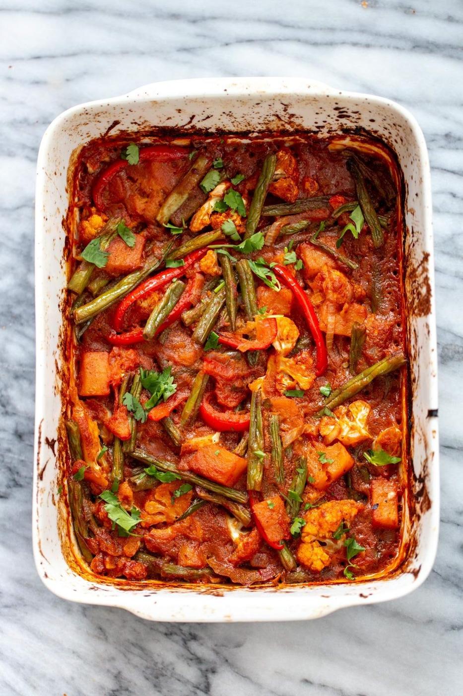 vegan curried vegetable casserole fresh out of the oven