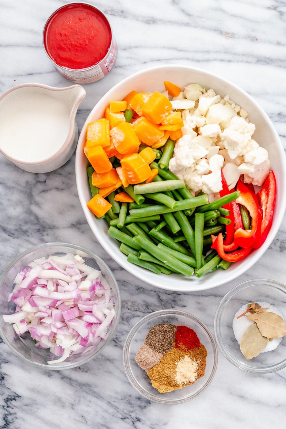 ingredients for making vegan vegetable curry casserole