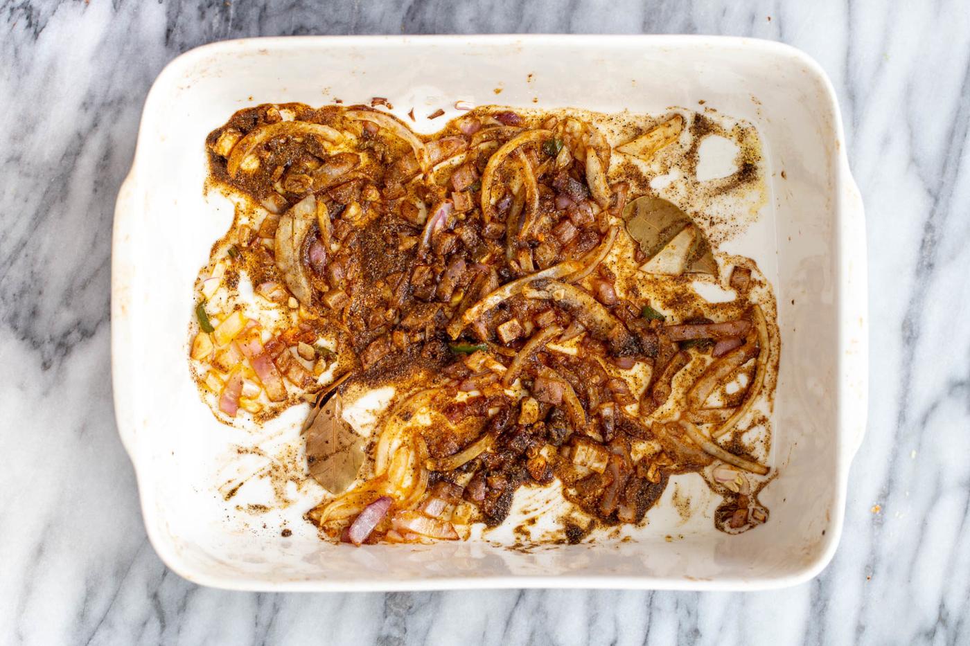 onion, garlic and Indian spices baked in a casserole dish until golden brown