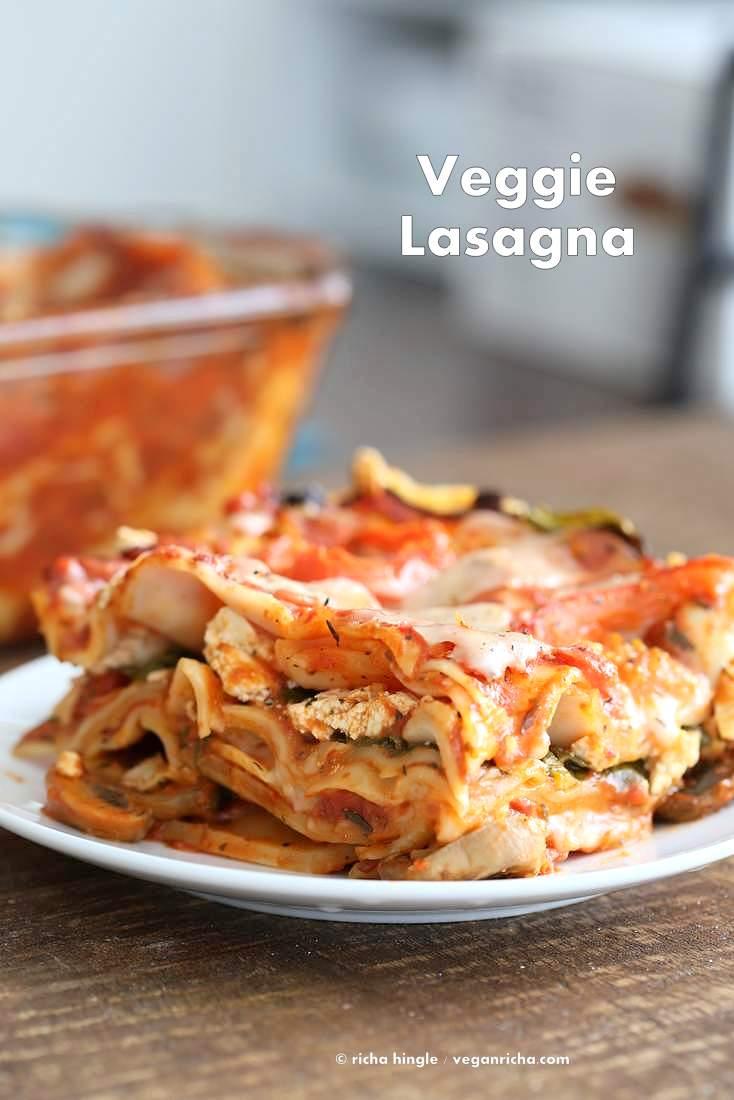 VVegan Veggie Lasagna. Easy Lasagna for 2 with herbed mushrooms, greens, tofu thyme ricotta, chao cheese slices . Vegan Recipe | VeganRicha.com