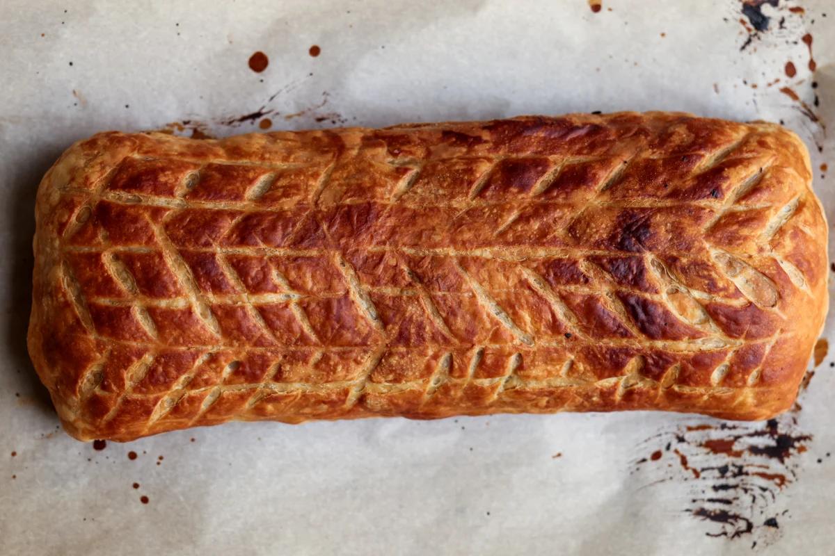 lentil wellington on the baking sheet after baking