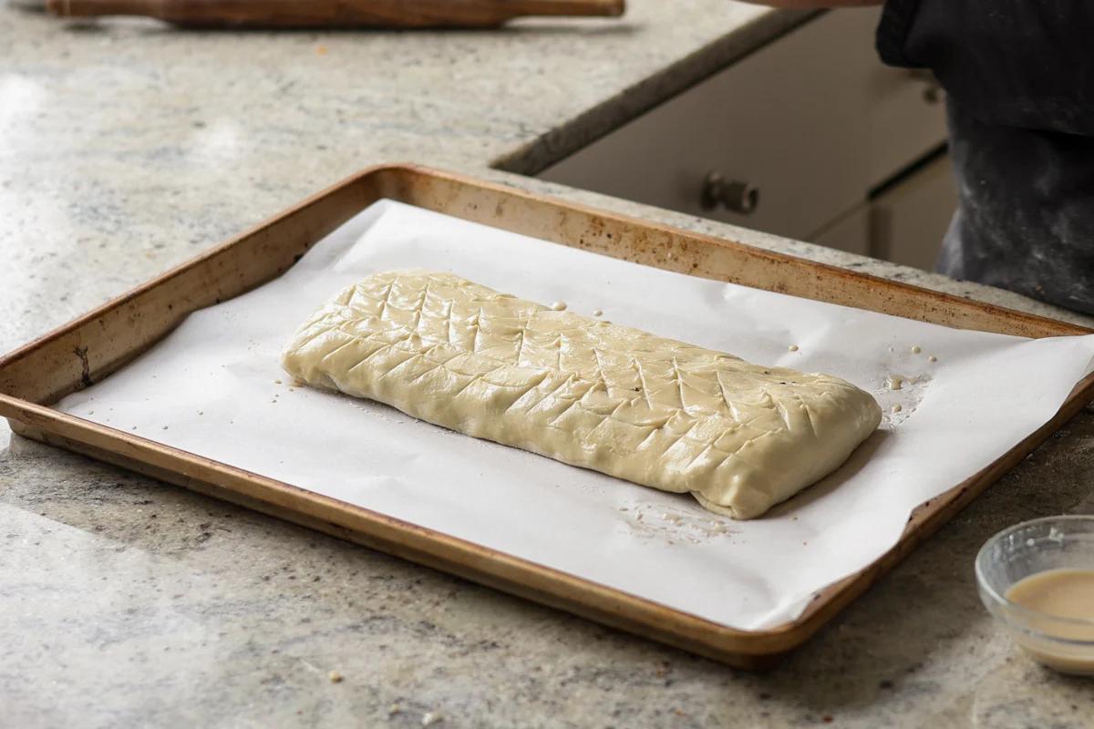 lentil wellington on the baking sheet before baking