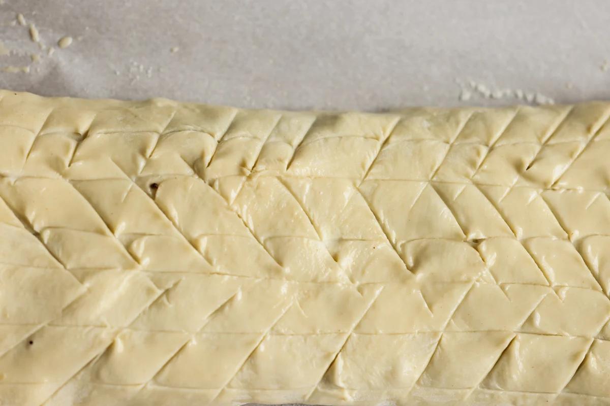 close-up of lentil wellington on the baking sheet before baking