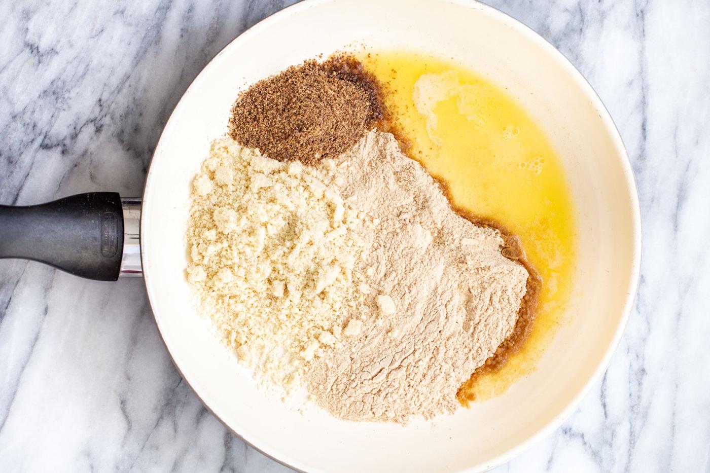 dry ingredients and vegan butter in a sauteeing pan