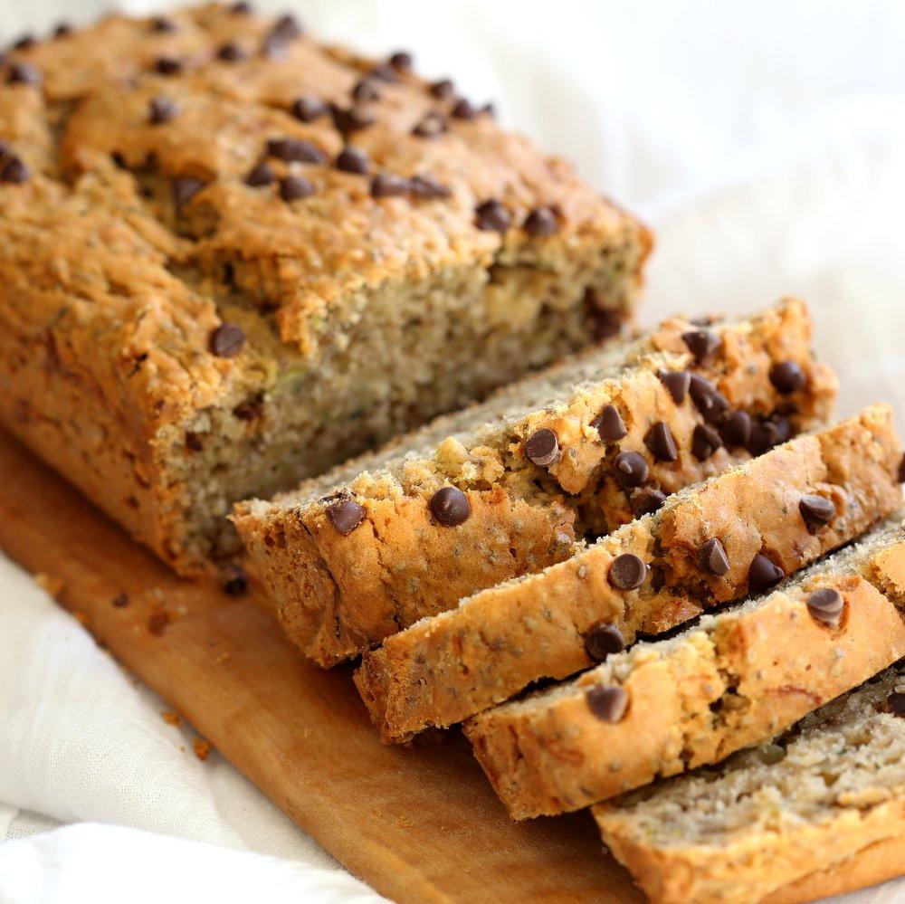 Easy Vegan Zucchini Bread. Hearty Zucchini Bread with Chia seeds and chocolate chips. Add some walnuts or other nuts for variation. #Vegan #Nutfree #Recipe #veganricha