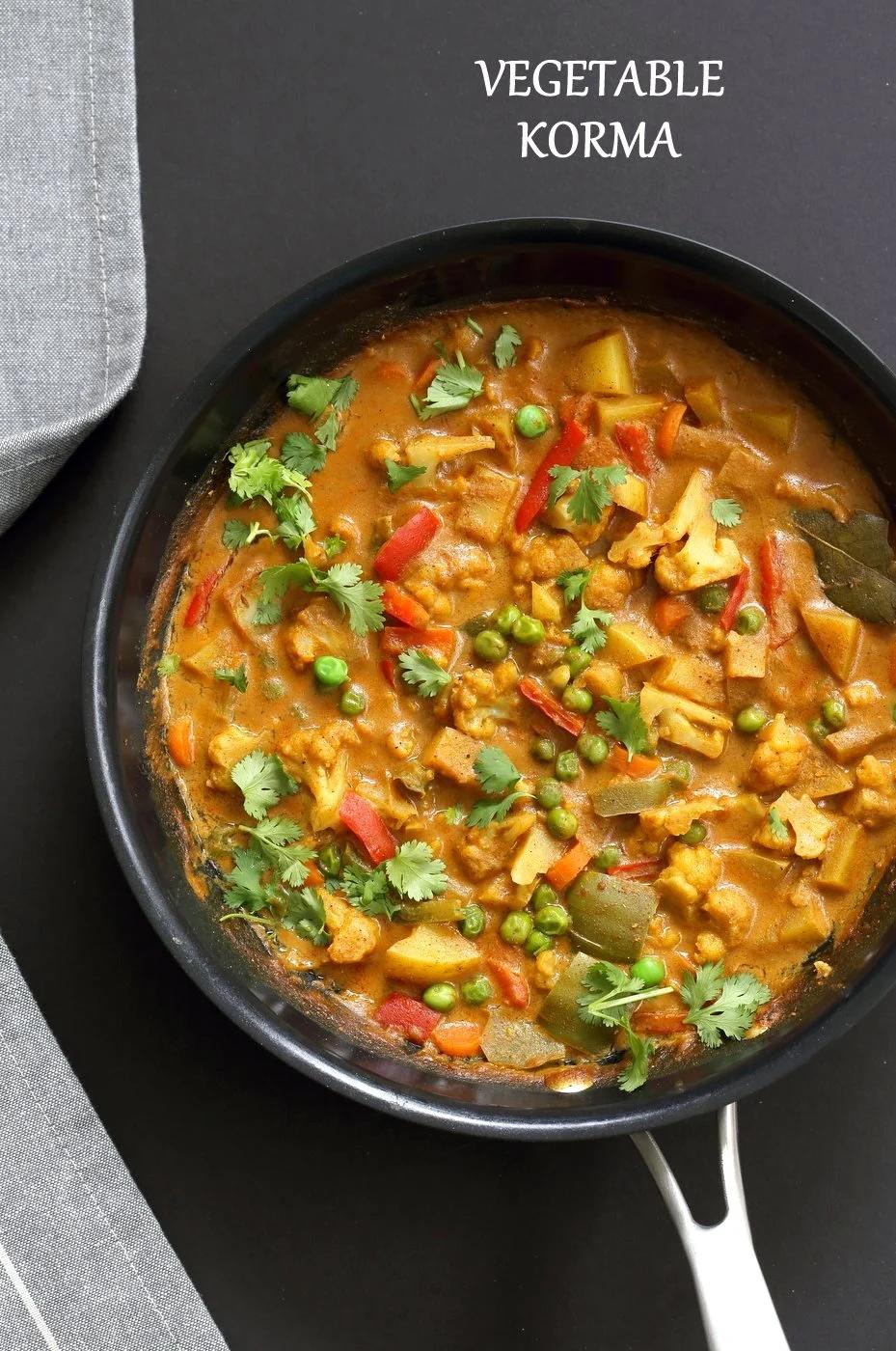 Vegetable Korma - Veggies in Spiced Ginger Chile Sauce. Creamy Indian Korma Recipe made without Onion and garlic. Vegan Indian Gluten-free Soy-free Can be made nut-free. No Onion No Garlic Recipe. #vegan #veganricha