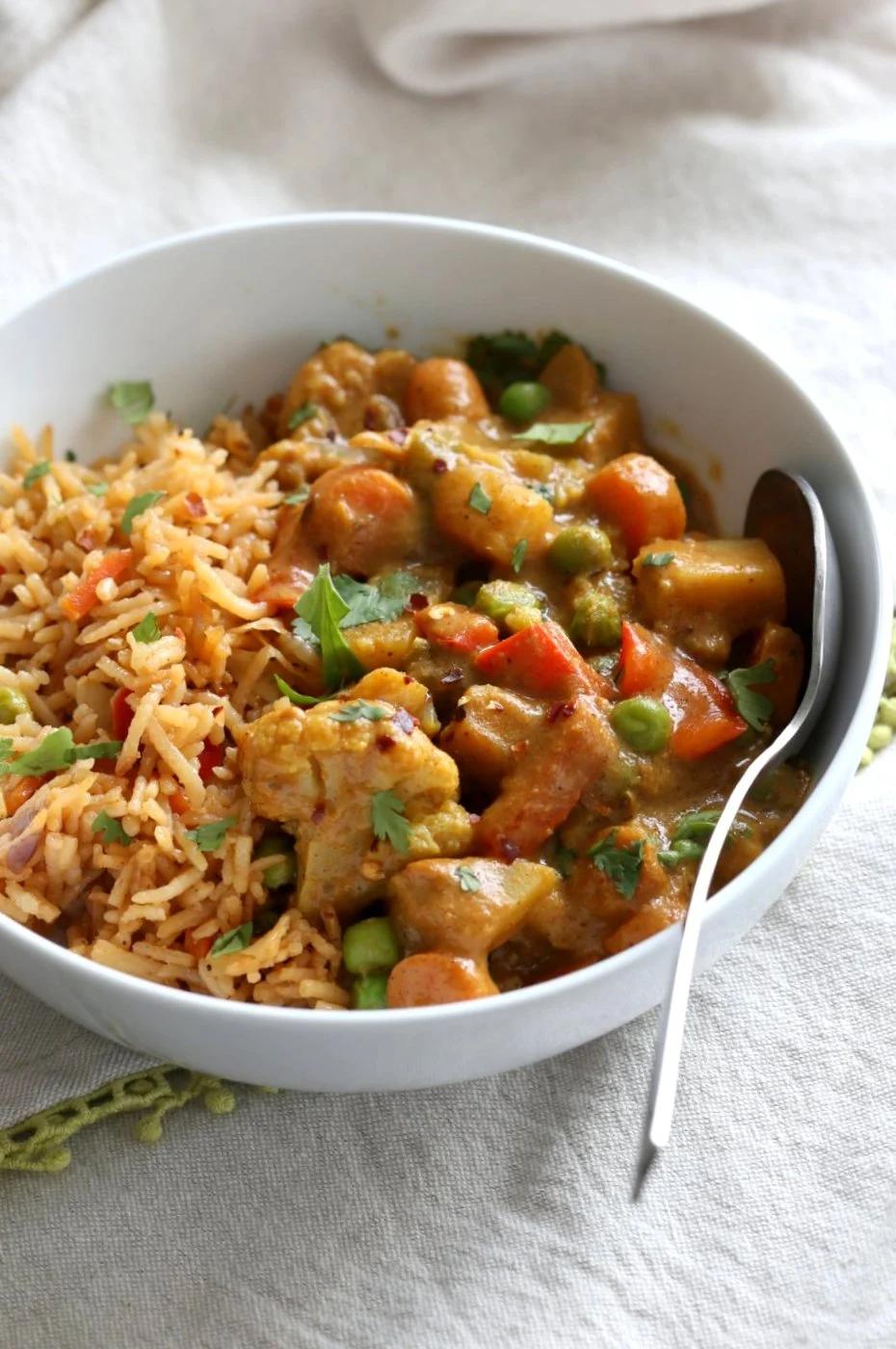 Vegetable Korma - Veggies in Spiced Ginger Chile Sauce. Creamy Indian Korma Recipe made without Onion and garlic. Vegan Indian Gluten-free Soy-free Can be made nut-free. No Onion No Garlic Recipe. #vegan #veganricha