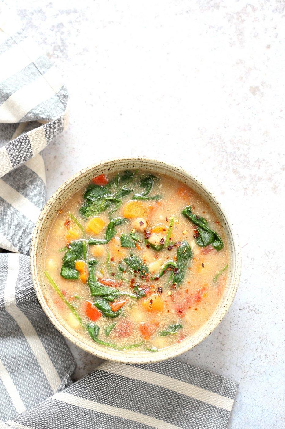 Veggie Chickpea Potato Soup in Instant Pot. Creamy Potato Chickpea Spinach soup. Saucepan option. #Vegan #Glutenfree #Soyfree #Nutfree #Recipe #veganricha | VeganRicha.com