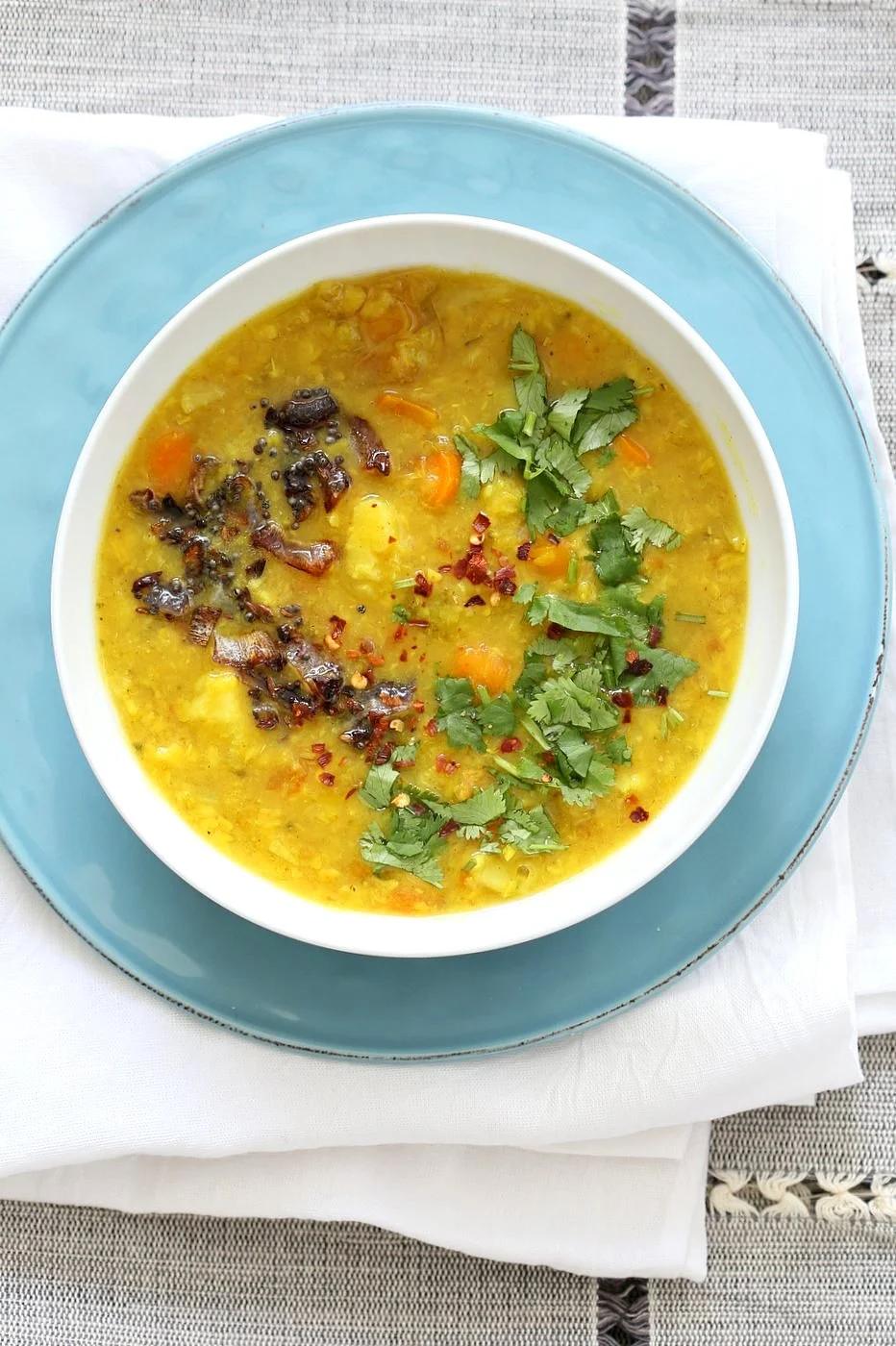 Lentil Veggie Dhansak. Dal and vegetables cooked with spices. Parsi dhansak Recipe. Serve over rice or flatbread or garlic bread. Vegan Gluten-free Indian Recipe | VeganRicha.com