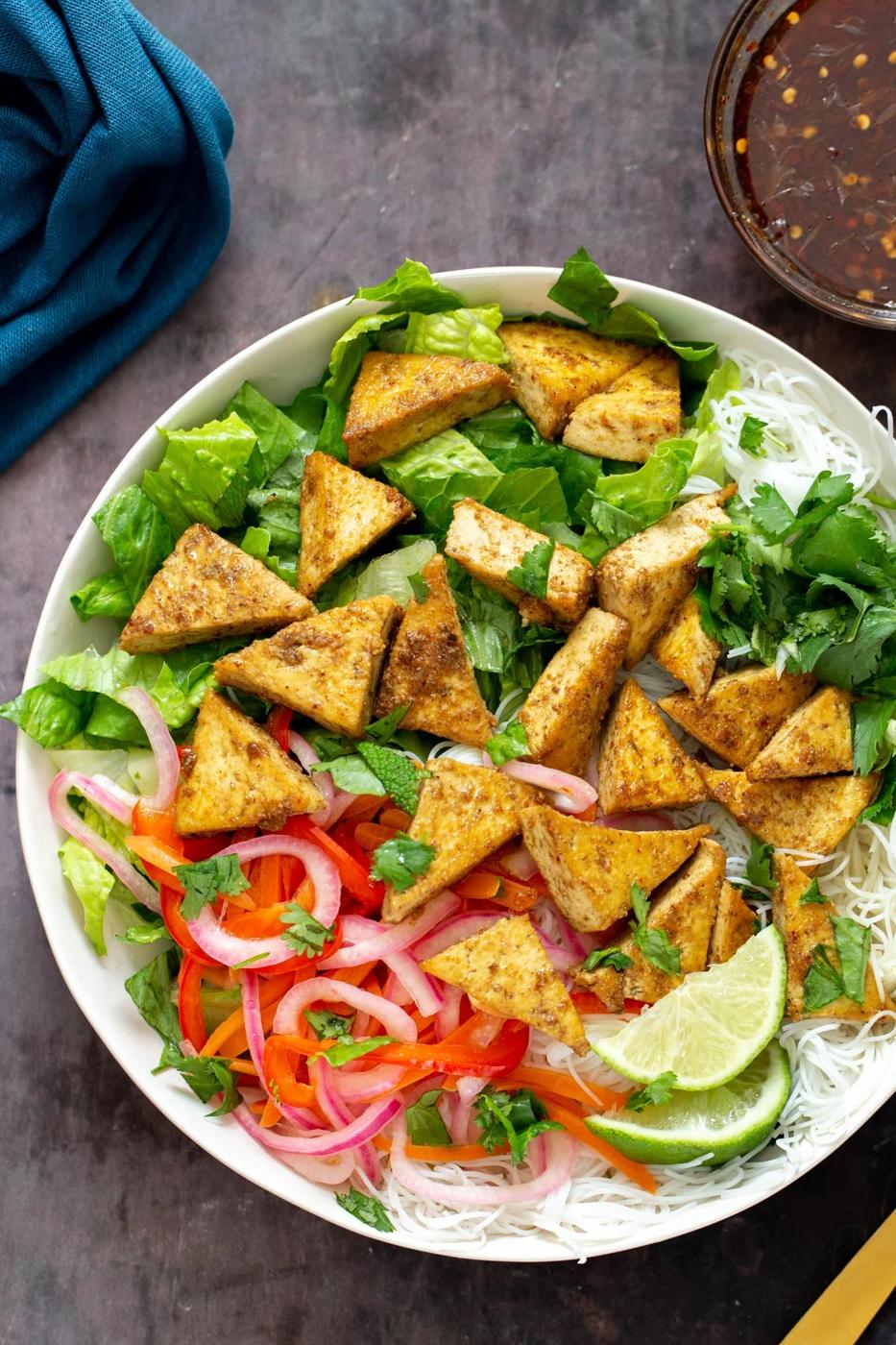 Vietnamese Tofu Noodle Bowls with quick pickled veggies, vermicelli noodles and fresh herbs