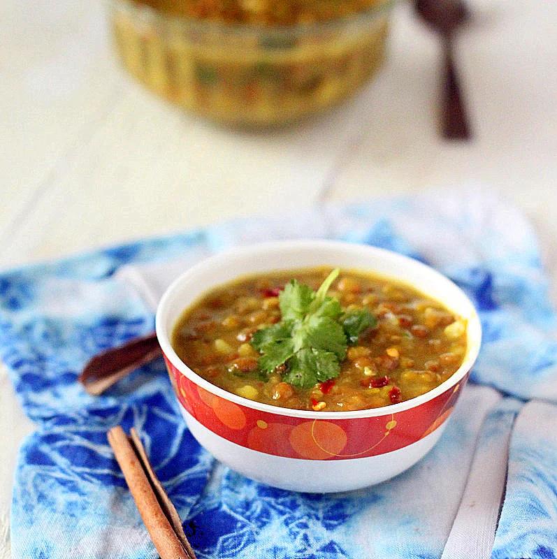 Whole Red lentil and Mung bean Daal soup with shallots and tomatoes.(Sabut Masoor aur Mung ki daal). vegan glutenfree