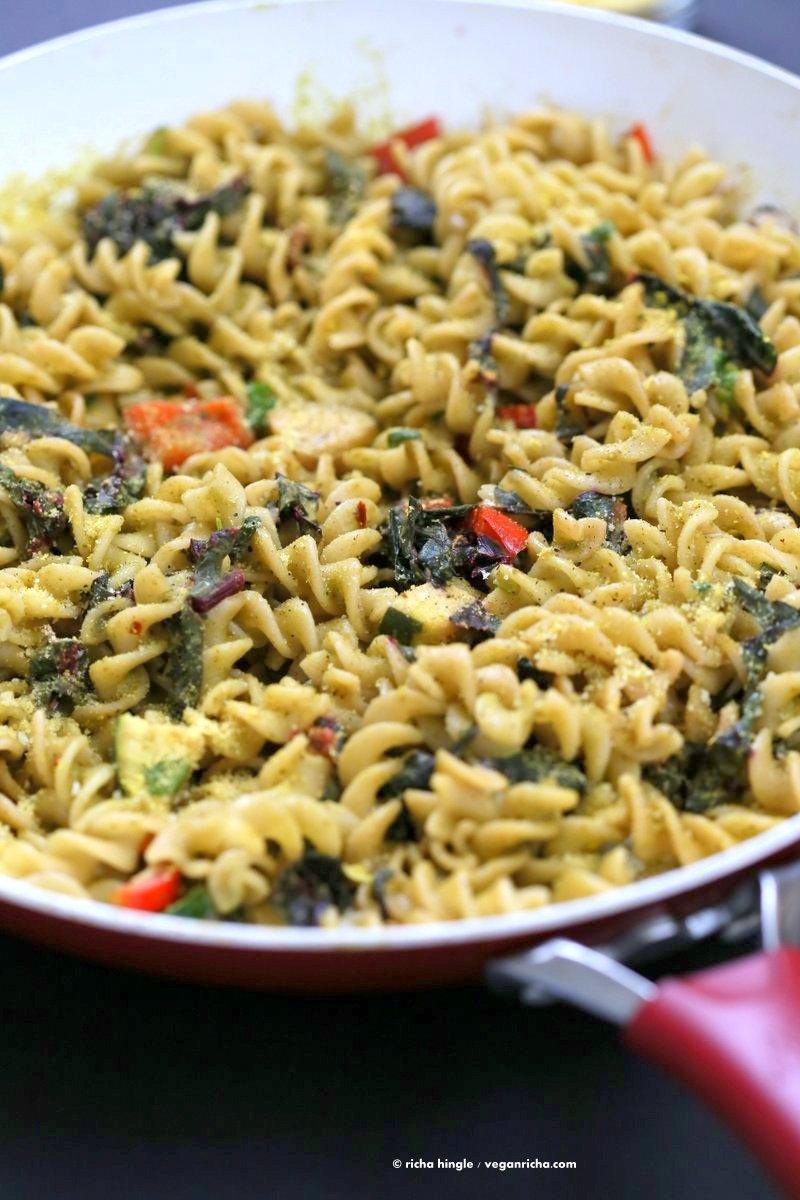 Zesty Pesto Pasta with Rainbow Chard, Zucchini, Red bell pepper | VeganRicha.com #vegan #pasta