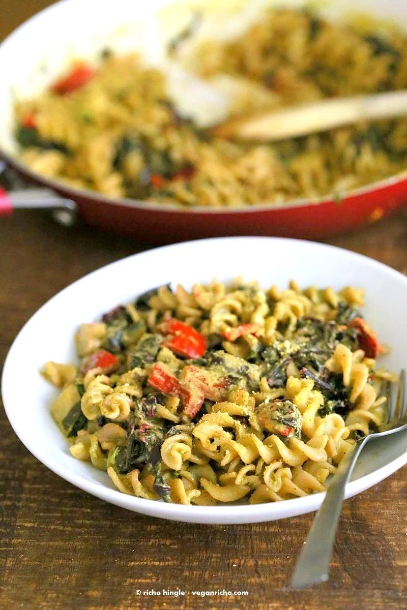 Zesty Walnut Pesto Pasta with Rainbow Chard, Zucchini, Red bell pepper