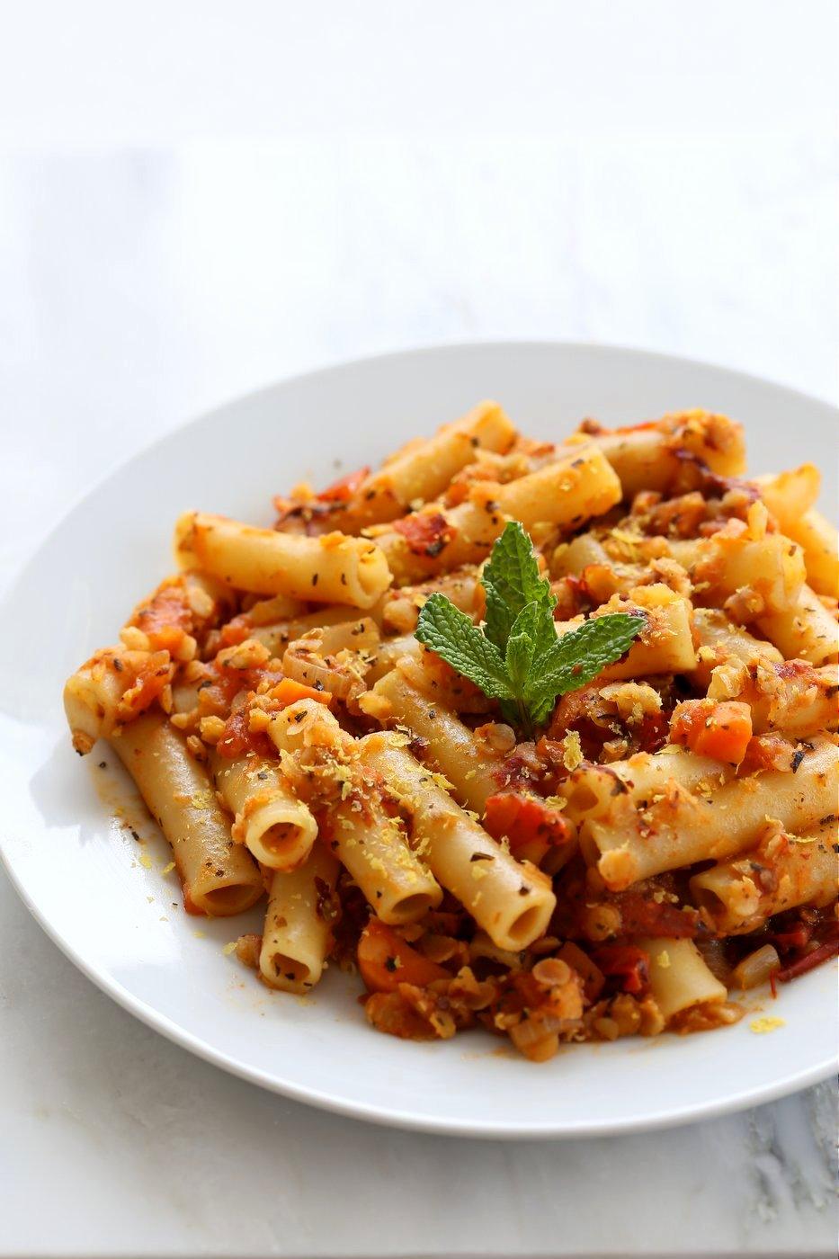 Ziti with Chipotle Lentil Tomato Sauce