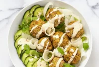 Baked Lentil Split Pea Falafel Bowl with Tahini dressing Gluten-free Soy-free