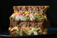 Vegan Grilled Nacho Cashew Millet Cheese Sandwich with Roasted Sweet Potato and Pea Pesto