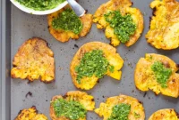 Golden Crispy Vegan Smashed Potatoes with Zesty Chimichurri