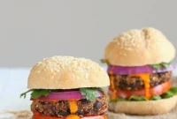 Smoky Amaranth Black Bean Vegan Burgers with Roasted Red Pepper Sauce