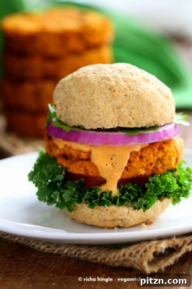 Sweet Potato Chickpea Peanut Asian Burgers with Almond Sriracha Sauce