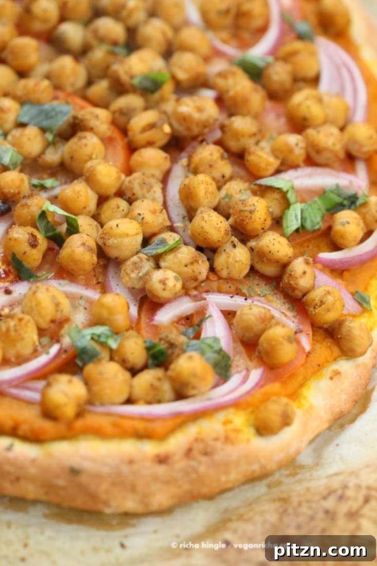 Effortless Oil-Free Vegan Pizza Dough 2 Chickpea Pumpkin Veggie Pizza with Basic Pizza crust. Pumpkin sauce spiced with herbs and spices, topped with spicy chickpeas, veggies and pepita parmesan | VeganRicha.com #vegan #pumpkin #chickpea #pizza #fall