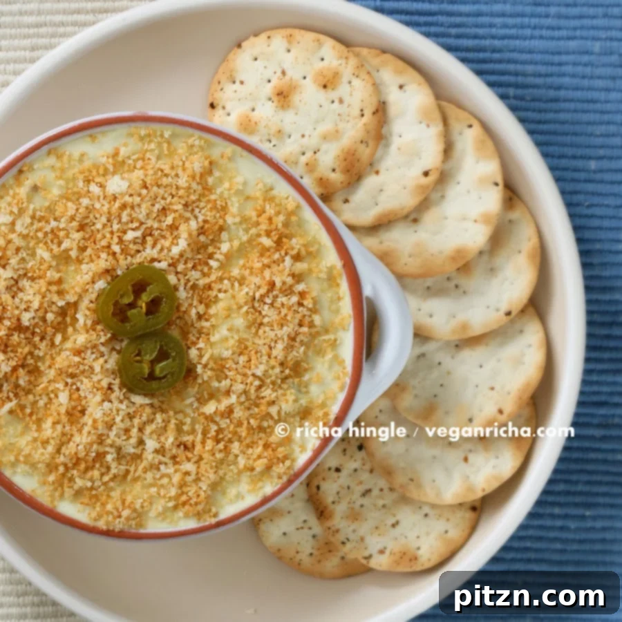Vegan Jalapeno Popper and Havarti Dips Gluten Free Raw Options 3 Close-up of Vegan Jalapeno Popper Dip and Havarti Dip, showing its creamy, cheesy texture. A delicious gluten-free, plant-based dip for any occasion. VeganRicha.com