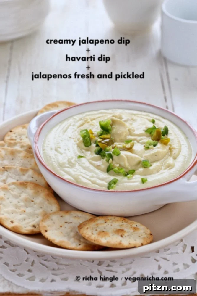 Vegan Jalapeno Popper and Havarti Dips Gluten Free Raw Options 5 Swirling the two vegan dips, Jalapeno Popper and Havarti, with chopped fresh and pickled jalapenos in a serving bowl. VeganRicha.com