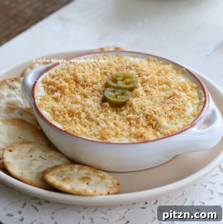 Vegan Jalapeno Popper and Havarti Dips Gluten Free Raw Options 9 A close-up of the textured, swirled Vegan Jalapeno Popper and Havarti Dip, highlighting the vibrant colors and appealing consistency. VeganRicha.com