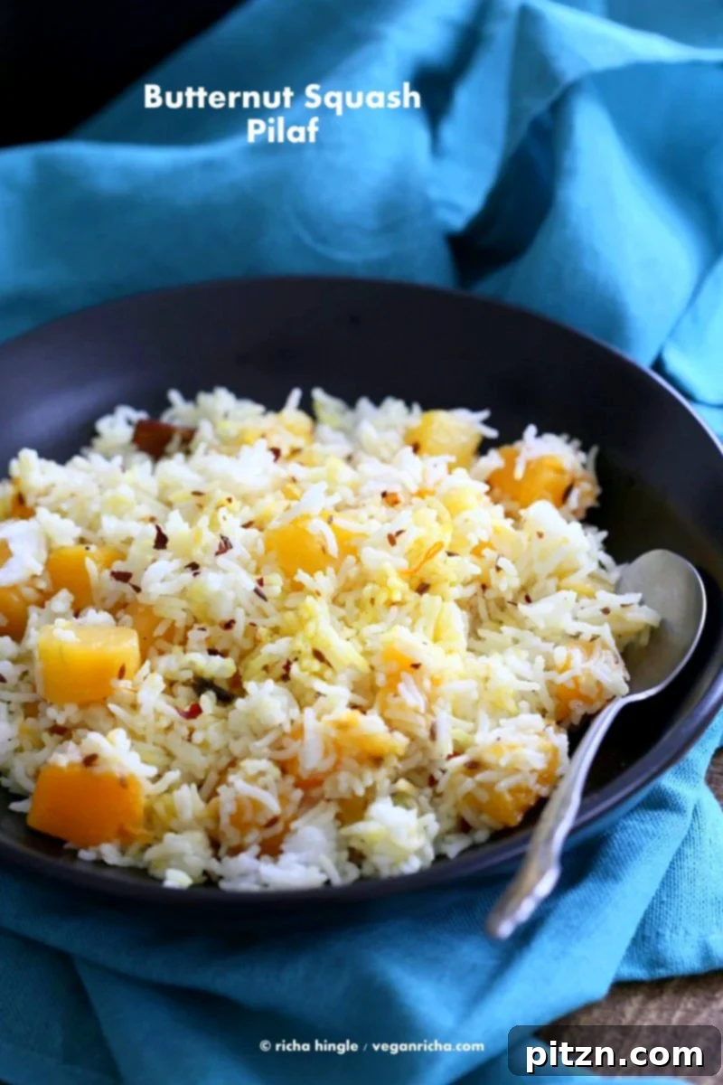 Golden Butternut Pilaf with Warming Spices 5 Butternut Squash Pilaf, a comforting and spiced vegan side dish. Perfect for autumn and holiday gatherings. | VeganRicha.com #Vegan #Glutenfree #Holiday #side #Recipe