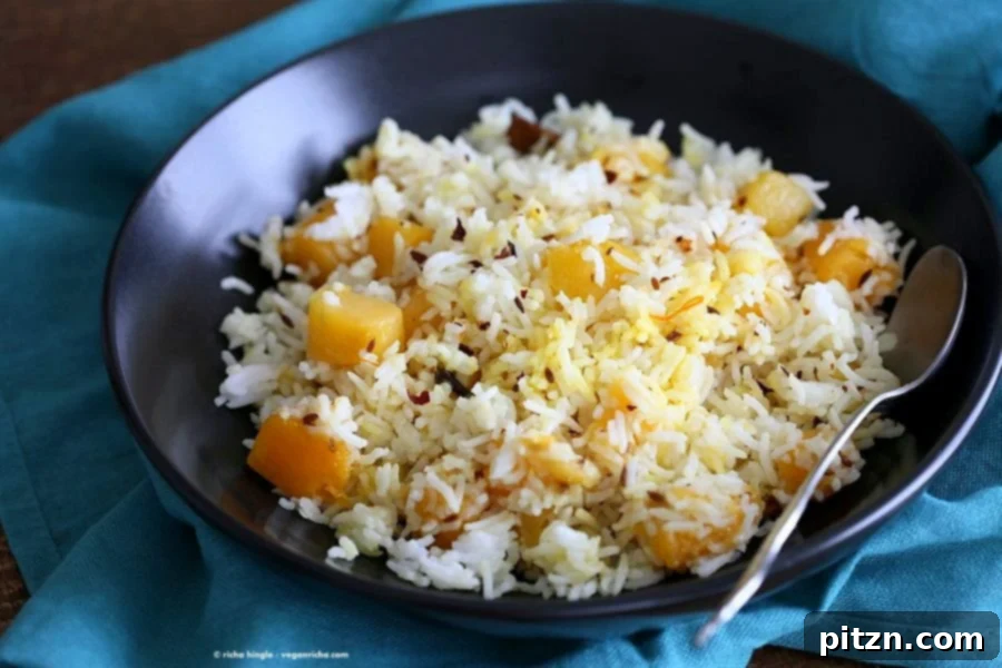 Golden Butternut Pilaf with Warming Spices 7 Delicious and aromatic Butternut Squash Pilaf, seasoned with whole spices like cardamom, cloves, and cinnamon. A perfect vegan and gluten-free side for any meal, especially holidays. | VeganRicha.com #Vegan #Glutenfree #Holiday #side #Recipe