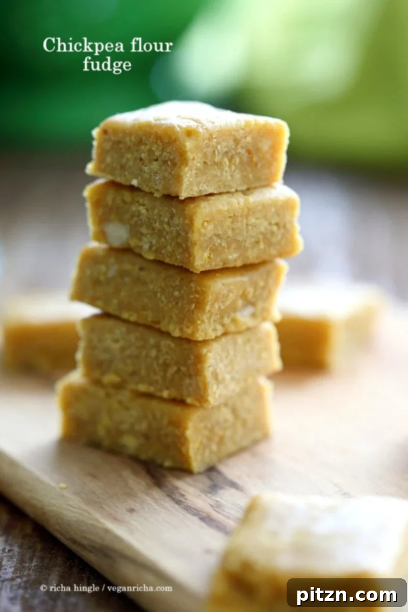 Besan Burfi with Condensed Milk. Indian Chickpea flour fudge with Condensed non dairy milk. | VeganRicha.com #vegan #glutenfree #indian #fudge #diwali