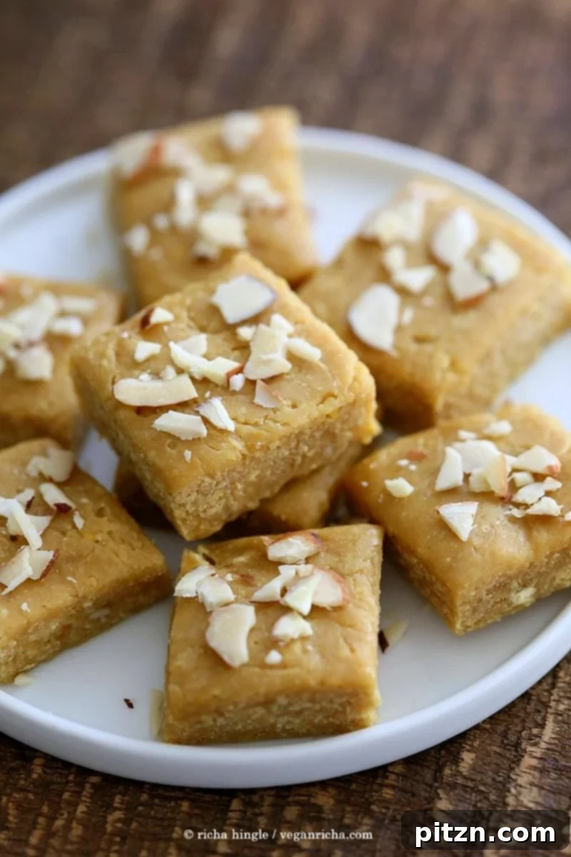 Besan Burfi with Condensed Milk. Indian Chickpea flour fudge with Condensed non dairy milk. | VeganRicha.com #vegan #glutenfree #indian #fudge #diwali