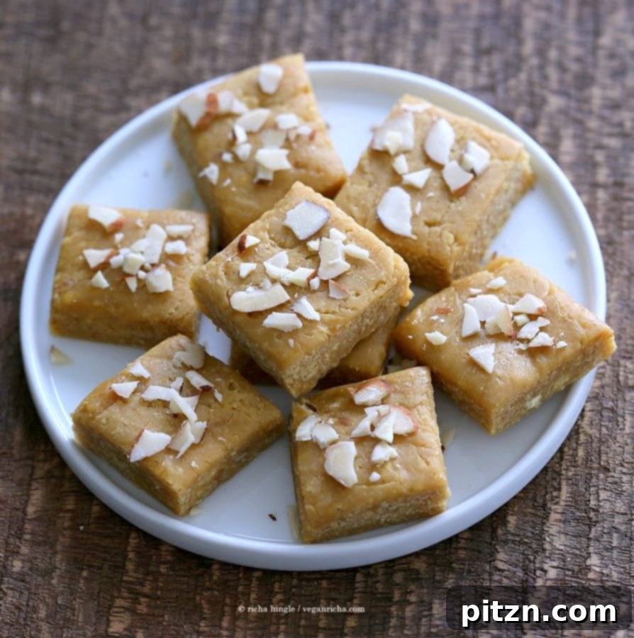 Besan Burfi with Condensed Milk. Indian Chickpea flour fudge with Condensed non dairy milk. | VeganRicha.com #vegan #glutenfree #indian #fudge #diwali