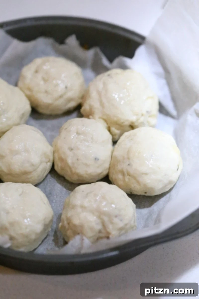 Shaped vegan dinner rolls arranged closely in a parchment-lined pan, ready for a quick bake.