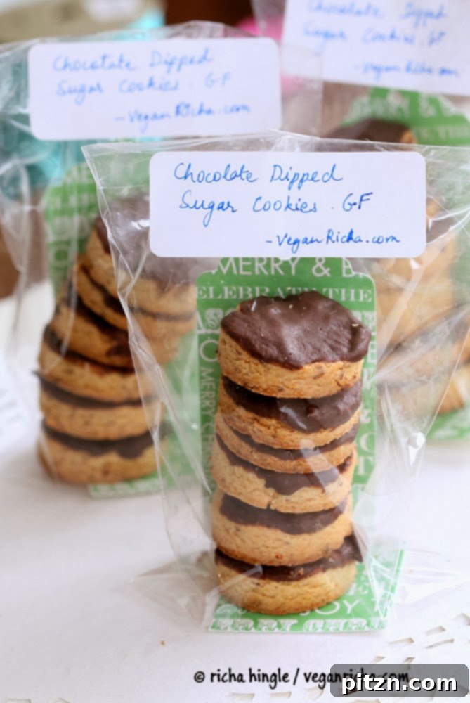 chocolate dipped vegan sugar cookies wrapped for gifting