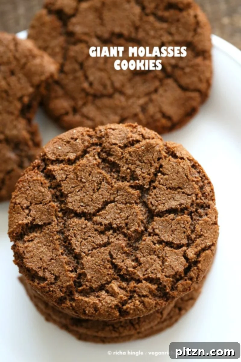 One Bowl Giant Molasses Cookies. Vegan Ginger molasses cookies. Huge, chewy and Crinkles! Easy Holiday Christmas Cookie Recipe. Vegan Whole Grain.