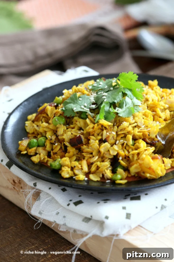 Savory Oats Hash - Indian Oats Poha Upma - Savory Breakfast Oats with veggies and nuts | VeganRicha.com #vegan #glutenfree #soyfree #recipe from Vegan Richa's Indian Kitchen Cookbook