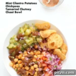 Zesty Chickpea Potato Chaat Bowl with Date Tamarind Drizzle 6 Chickpea Aloo Chaat Bowl with Date Tamarind Chutney