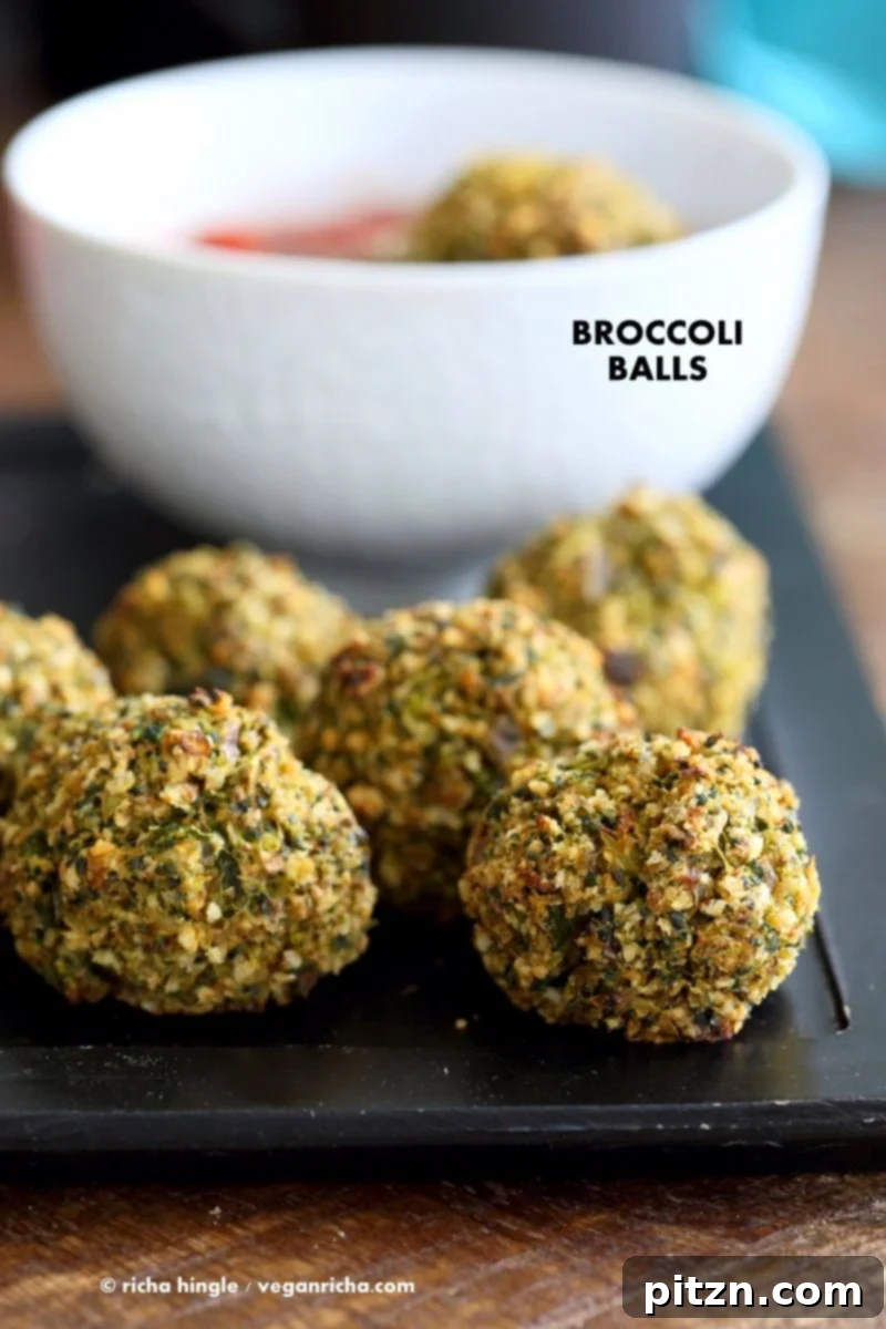 Delicious and versatile Vegan Broccoli Balls. Perfect as veggie 'meatballs' with marinara, over spaghetti, or in a sub. Easy and gluten-free recipe from VeganRicha.com. #vegan #recipe #broccoli #meatballs #vegetarian