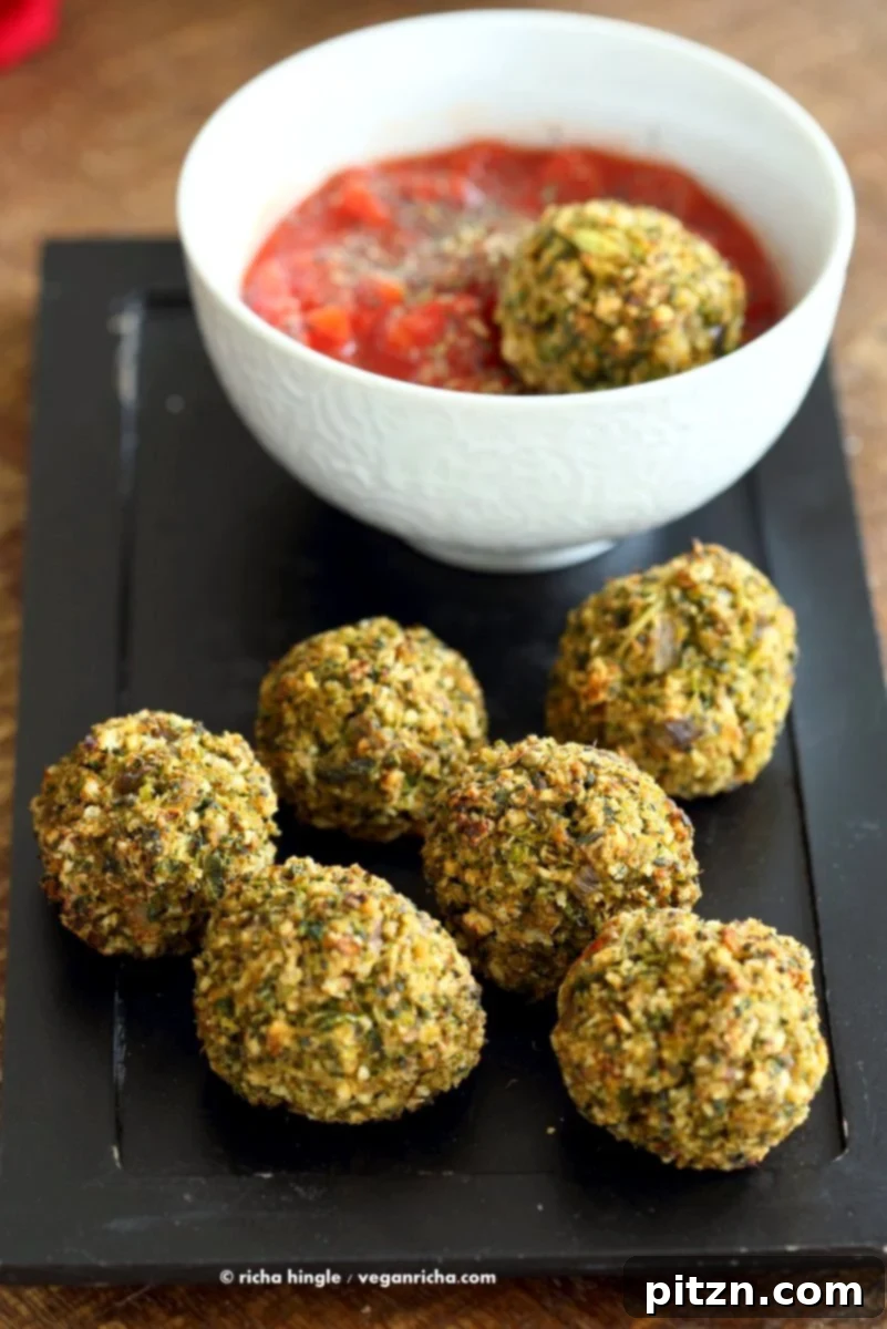 The texture and deliciousness of Vegan Broccoli Balls, perfect for any meal. These veggie 'meatballs' are served with marinara, over spaghetti, or in a sub. Easy and gluten-free friendly recipe. #vegan #recipe #plantbased