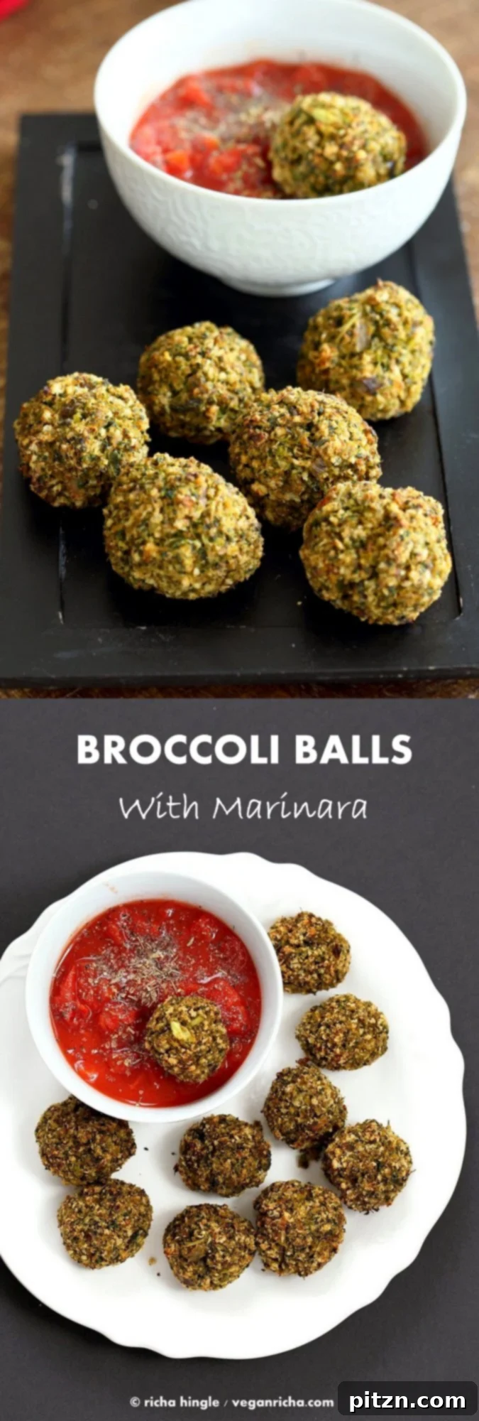Close-up of baked Vegan Broccoli Balls, showcasing their crispy exterior. These dairy-free, gluten-free friendly veggie 'meatballs' are ideal with marinara, pasta, or in a sandwich. #vegan #recipe #vegetarian