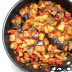 Easy Indian spiced Eggplants and Potatoes. Aloo Baingan Recipe. Curried Potato Eggplant side. | VeganRicha.com #vegan #glutenfree #Indian #eggplant #potato #glutenfree #veganricha #vegan